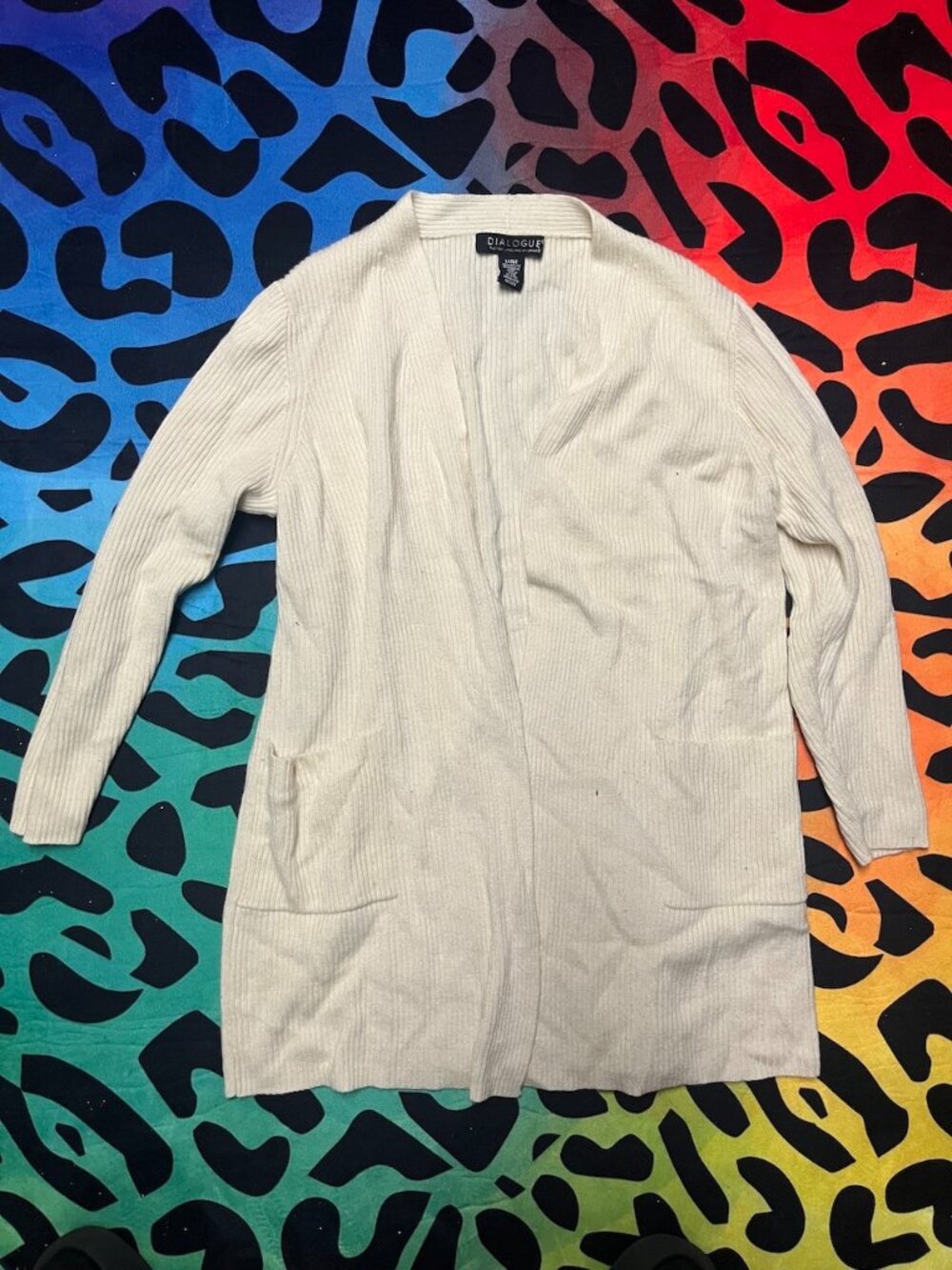 DIALOGUE CREAM WHITE LONG SLEEVE OPEN FRONT CARDIGAN SWEATER WITH POCKETS LARGE